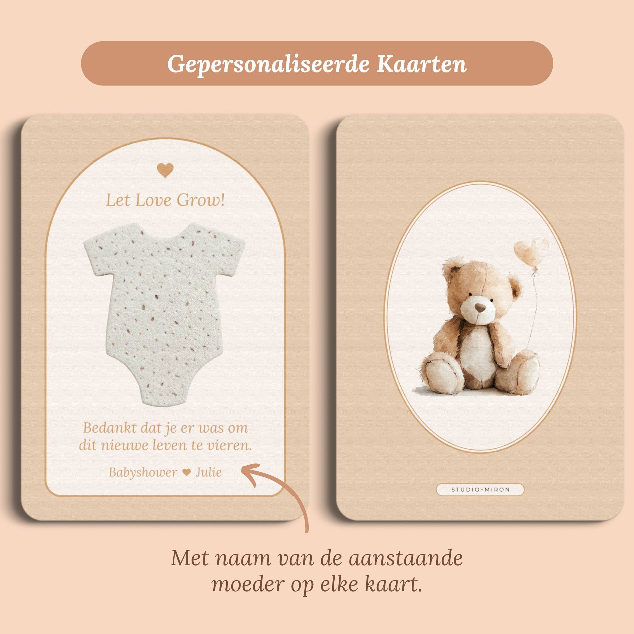 Babyshower cadeau bedankje zaadpapier rompertje boho zand gepersonaliseerd voor en achter Studio Miron