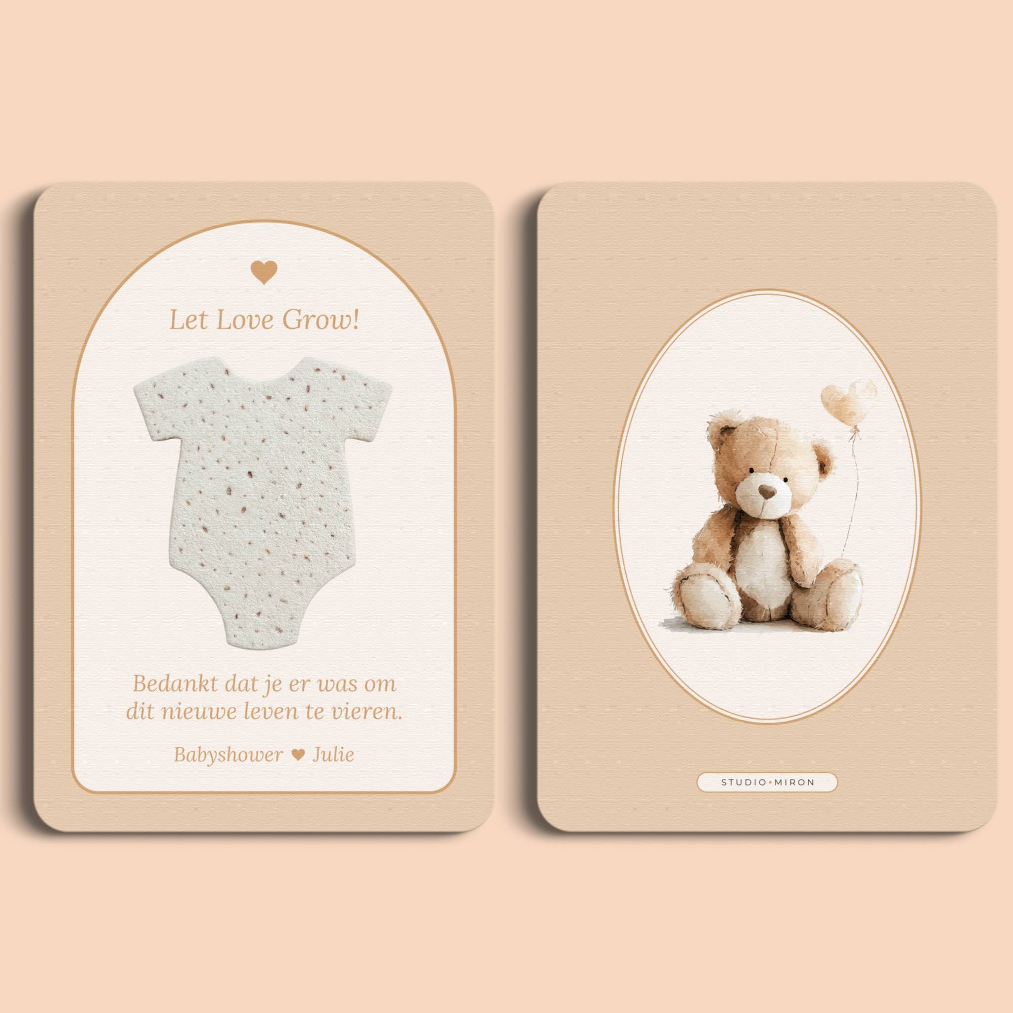 Babyshower cadeau bedankje zaadpapier rompertje boho zand voor en achter Studio Miron