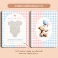 Babyshower cadeau bedankje zaadpapier rompertje gingham roze blauw gepersonaliseerd voor en achter Studio Miron