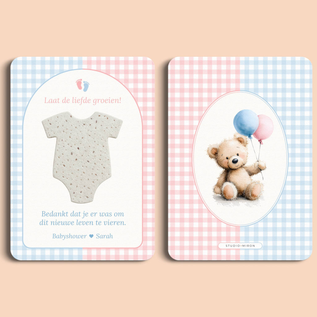 Babyshower cadeau bedankje zaadpapier rompertje gingham roze blauw voor en achter Studio Miron