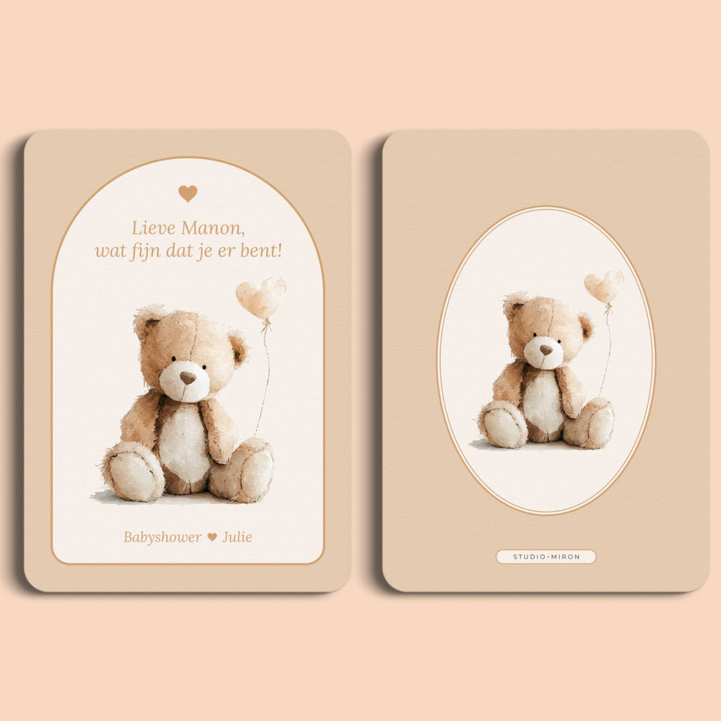 Babyshower decoratie mini welkomstbord A6 naamkaart boho zand voor en achter Studio Miron