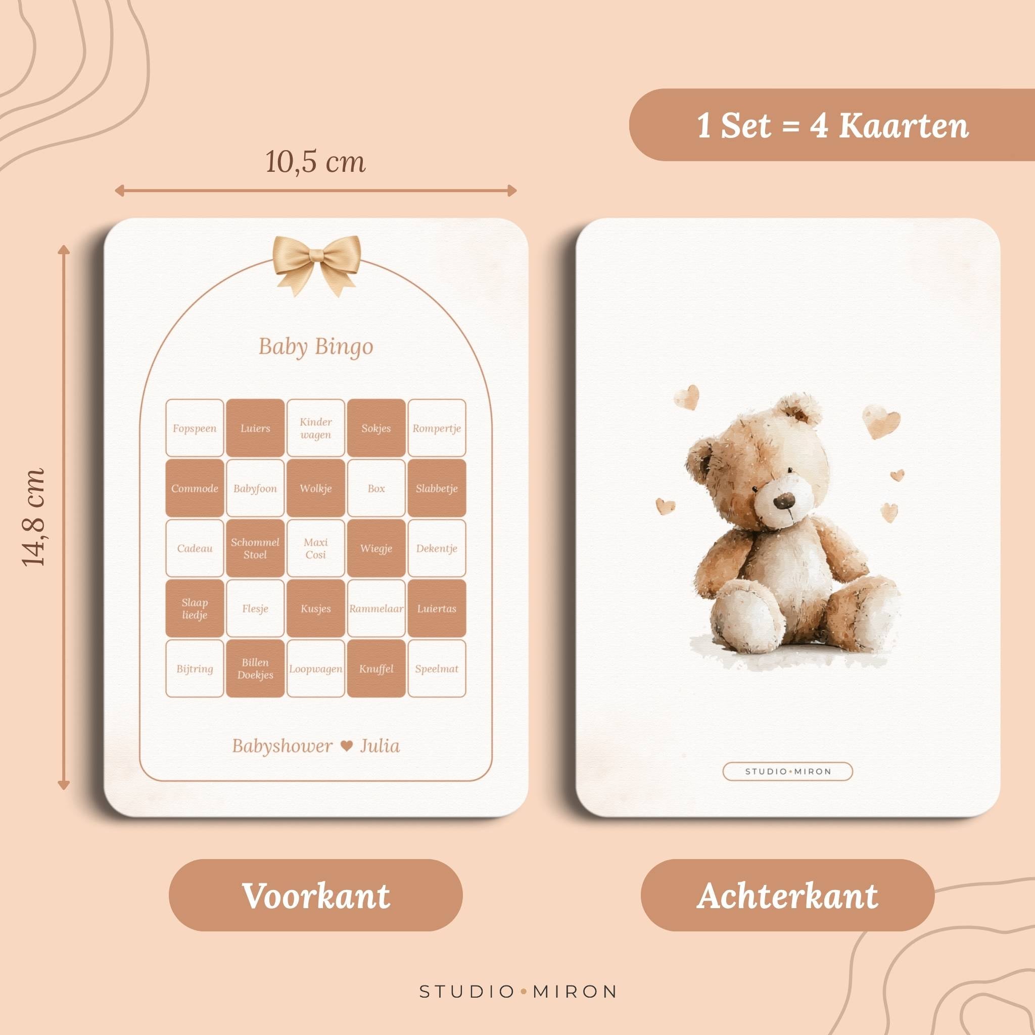 Babyshower invulkaart Baby Bingo in Boho Beige Beer stijl met formaat en achterkant, Studio Miron
