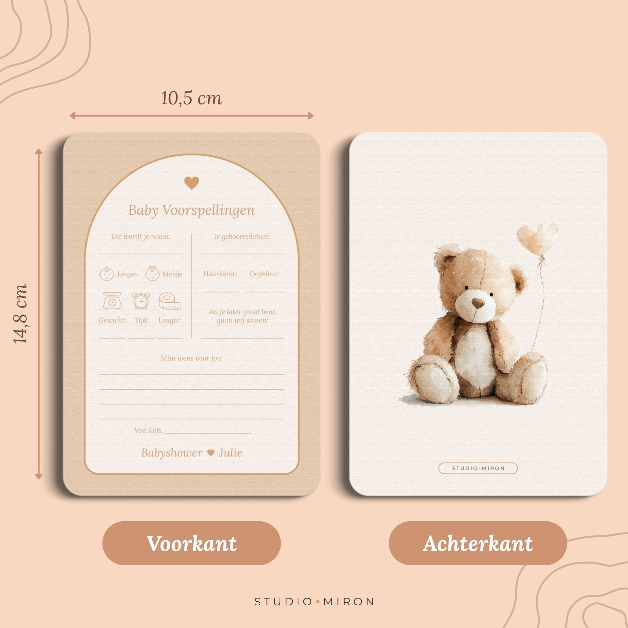 Babyshower invulkaarten Baby Voorspelling in Boho Beige Zand stijl, formaat voorkant en achterkant – Studio Miron