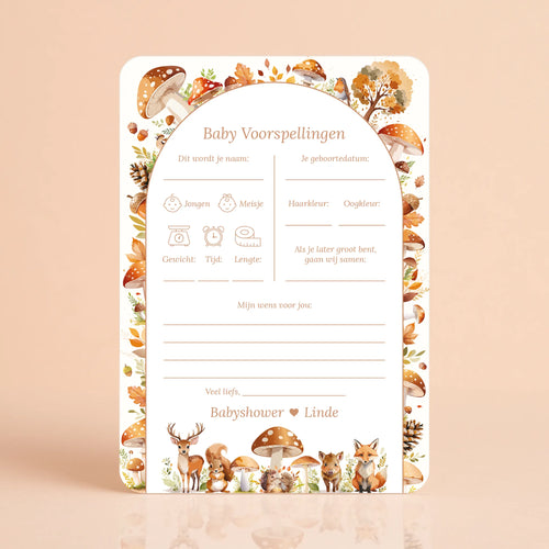 Babyshower invulkaart Baby Voorspellingen in Bosdieren stijl, gepersonaliseerd met naam – Studio Miron