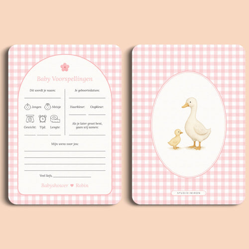 Babyshower invulkaarten baby voorspellingen gingham roze voor en achter Studio Miron