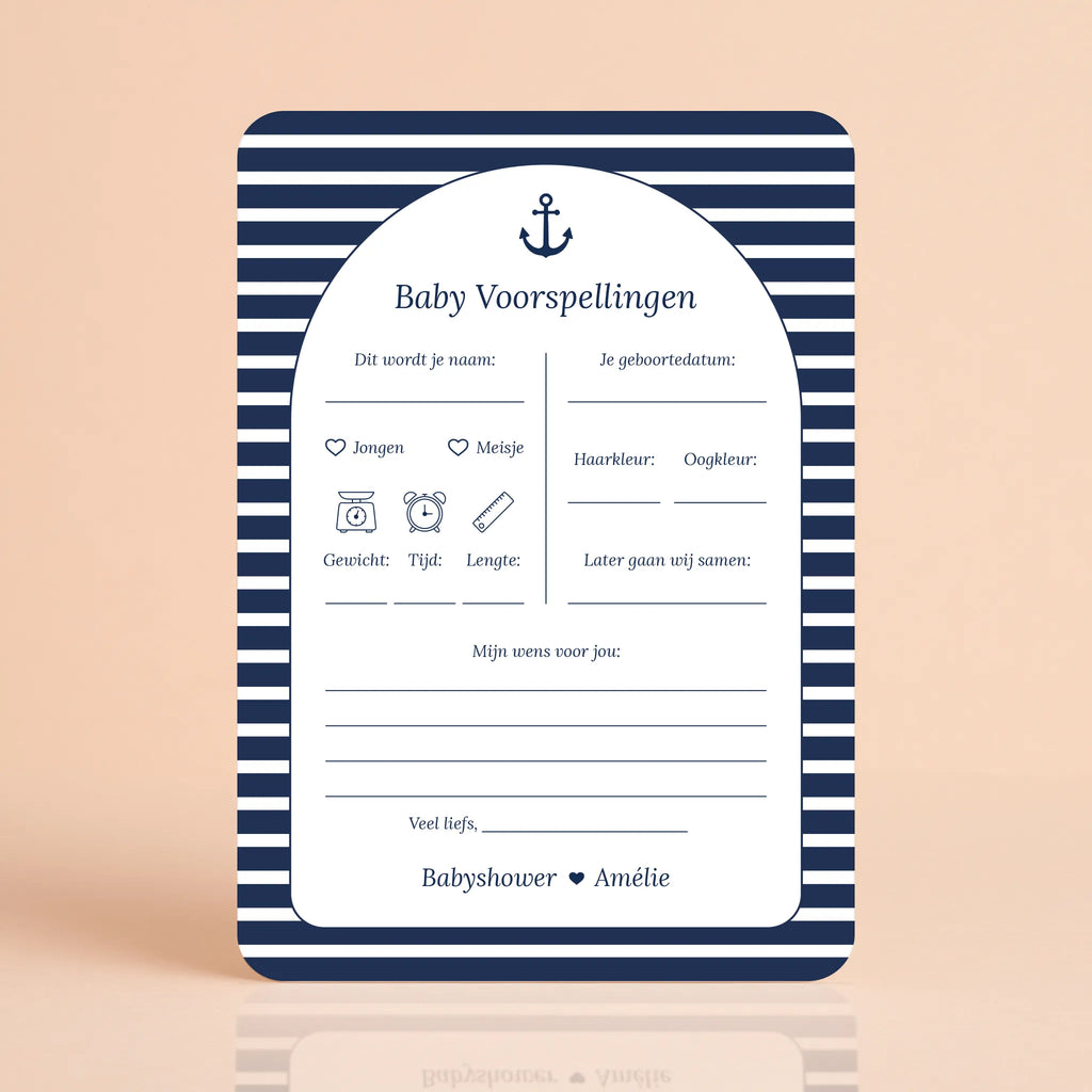 Babyshower invulkaart Baby Voorspellingen in Navy Blue stijl, gepersonaliseerd met naam – Studio Miron