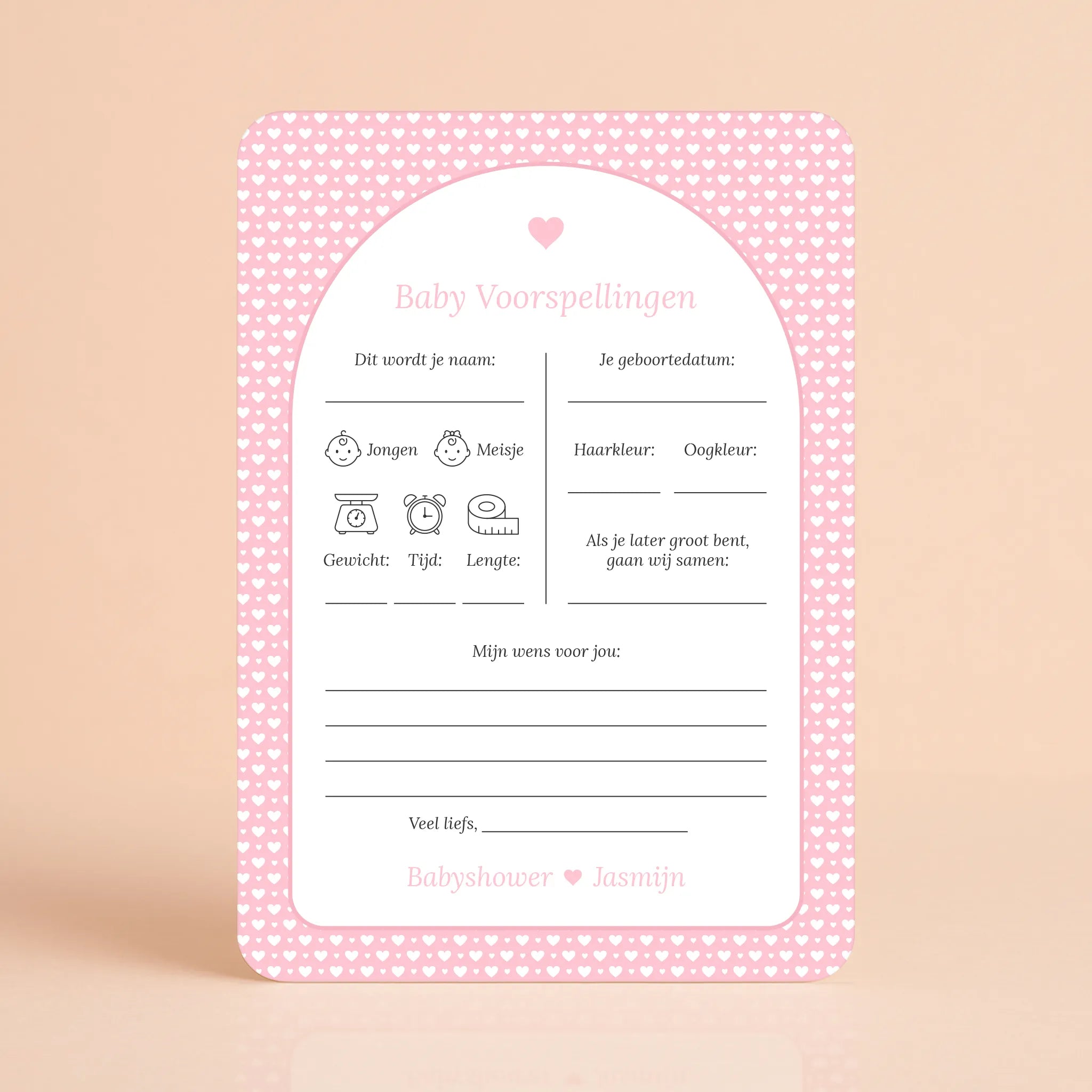 Baby Voorspellingen kaart met witte hartjes op roze achtergrond, gepersonaliseerd met naam – Studio Miron