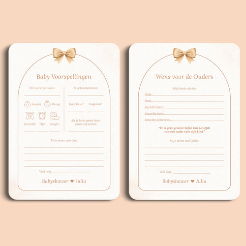 Babyshower invulkaarten pakket Boho Strik – gepersonaliseerdemet naam aanstaande moeder, gedrukt op stevig papier, Studio Miron