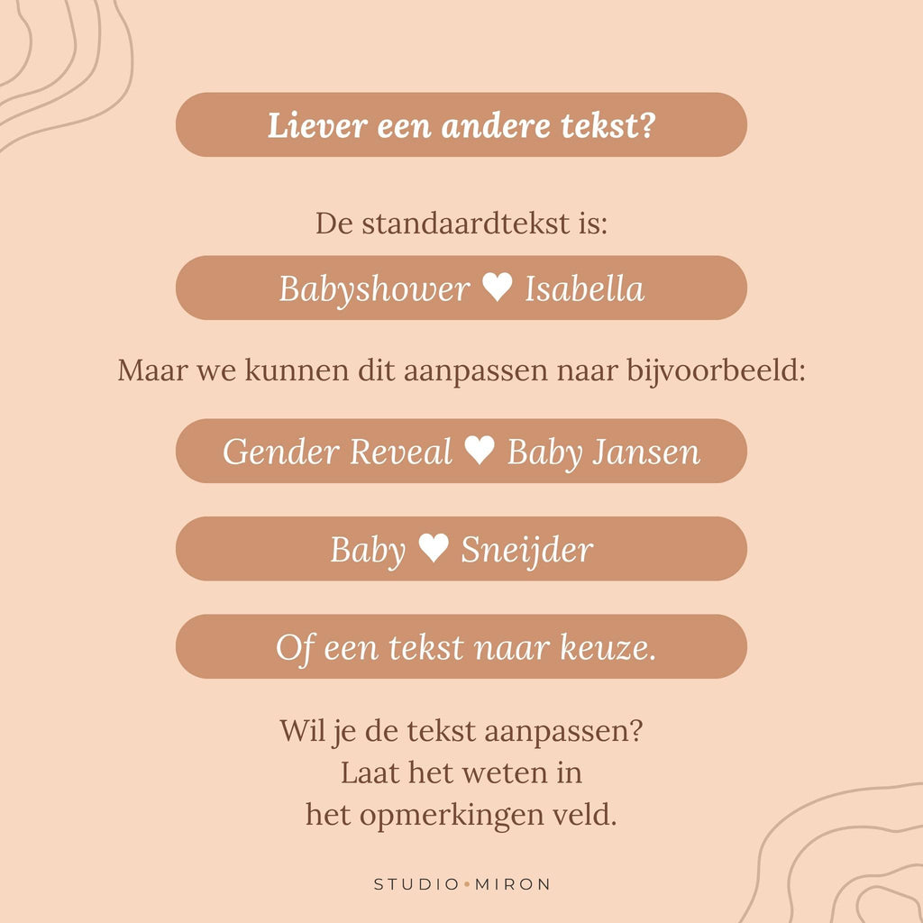 Voorbeeld van personalisatie bij babyshower invulkaarten met eigen tekst, zoals Babyshower Isabella of Gender Reveal Baby Jansen van Studio Miron