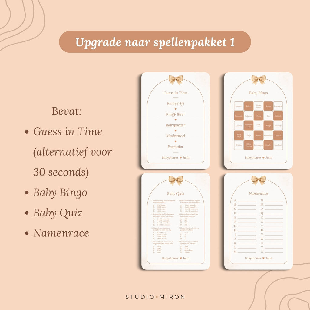 Babyshower invulkaarten Upgrade naar Spellenpakket 1 in Boho Beige Beertje stijl – Studio Miron