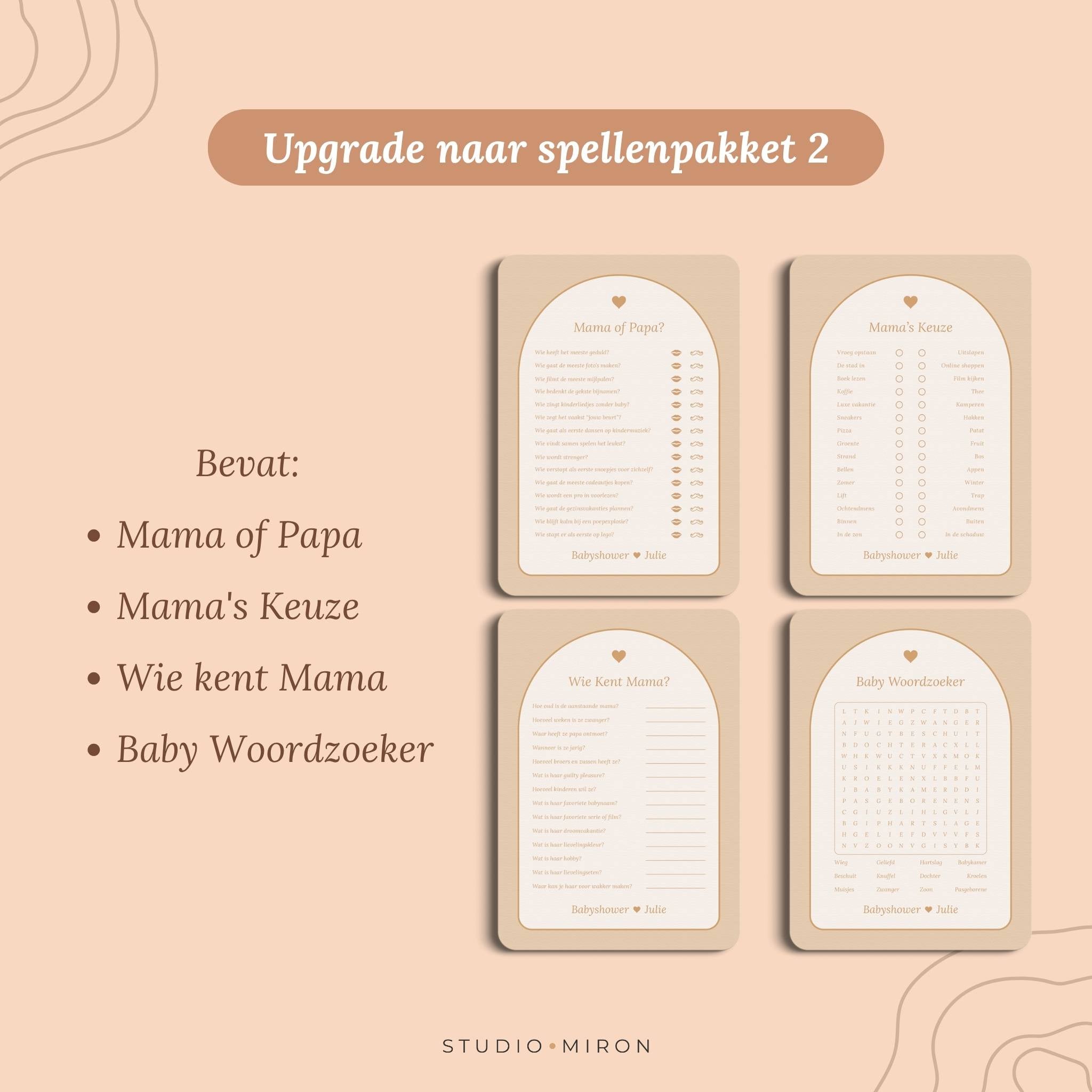 Babyshower invulkaarten Upgrade naar Spellenpakket 2 in Boho Beige Zand stijl – Studio Miron