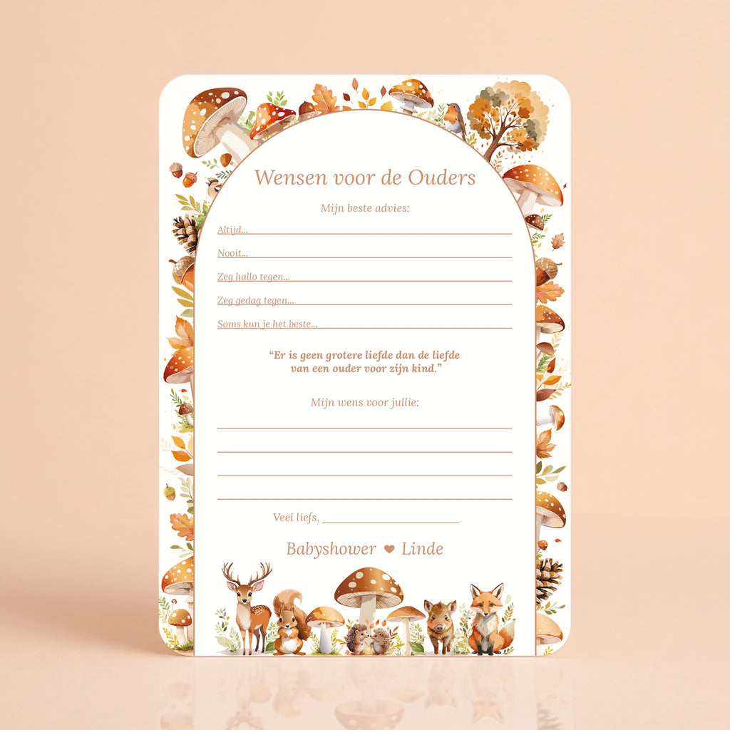 Babyshower invulkaart Wensen voor de Ouders in Bosdieren stijl, gepersonaliseerd met naam – Studio Miron