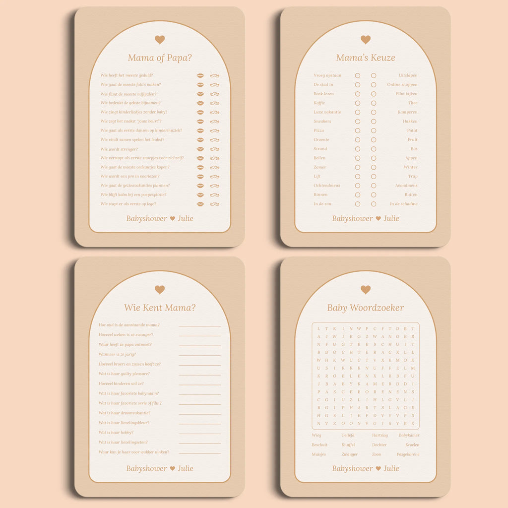 Babyshower Spellenpakket 2 in Boho Hart stijl, inclusief vier babyshower spellen – Studio Miron