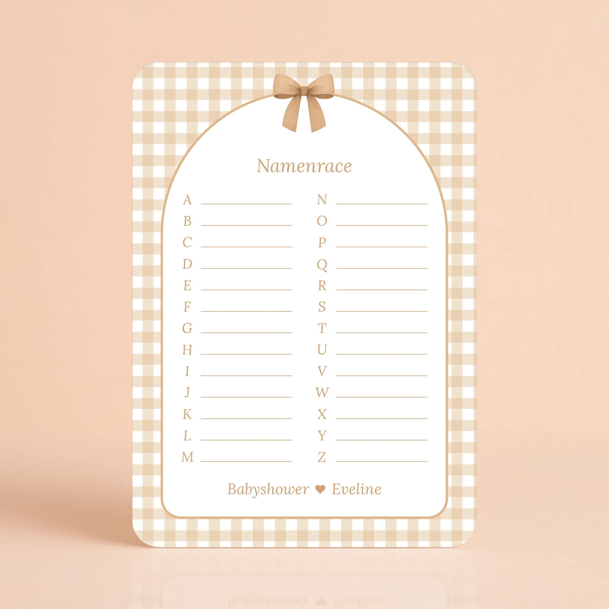 Babyshower spelkaart Namenrace in Gingham Bruin stijl, gepersonaliseerd met naam – Studio Miron
