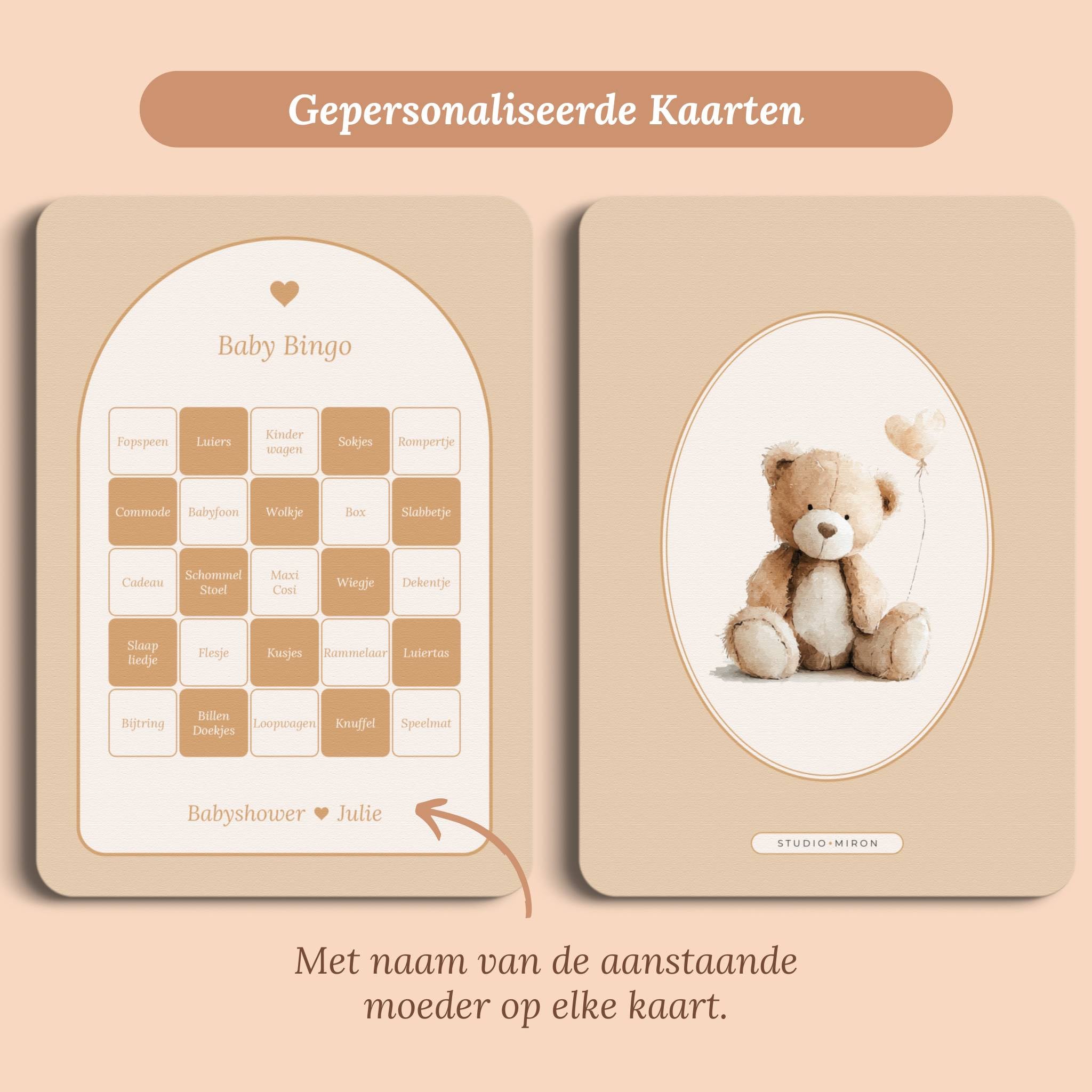 Babyshower spelletjes baby bingo boho zand gepersonaliseerd voor en achter Studio Miron