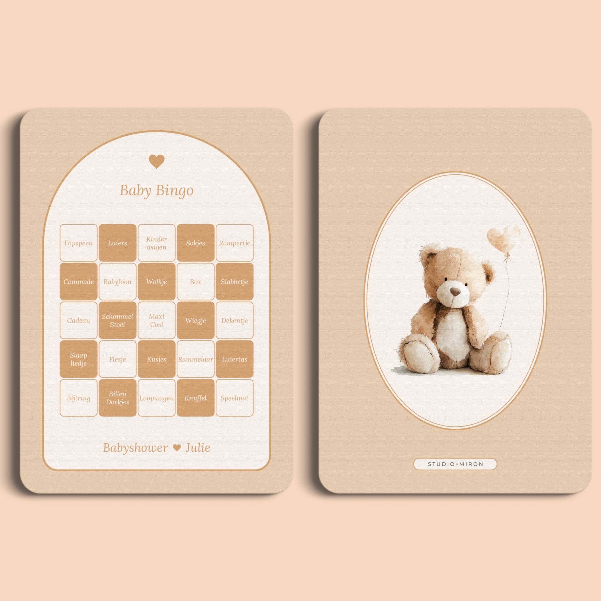 Babyshower spelletjes baby bingo boho zand voor en achter Studio Miron