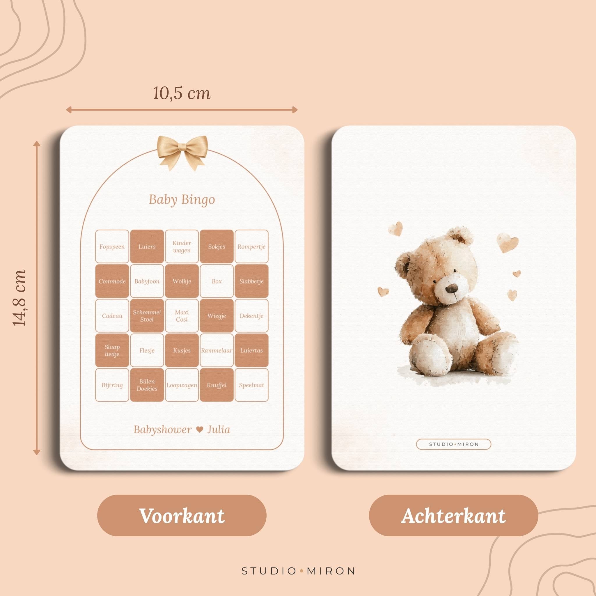 Babyshower spel Baby Bingo in Boho Beige Beertje stijl, formaat voorkant en achterkant – Studio Miron