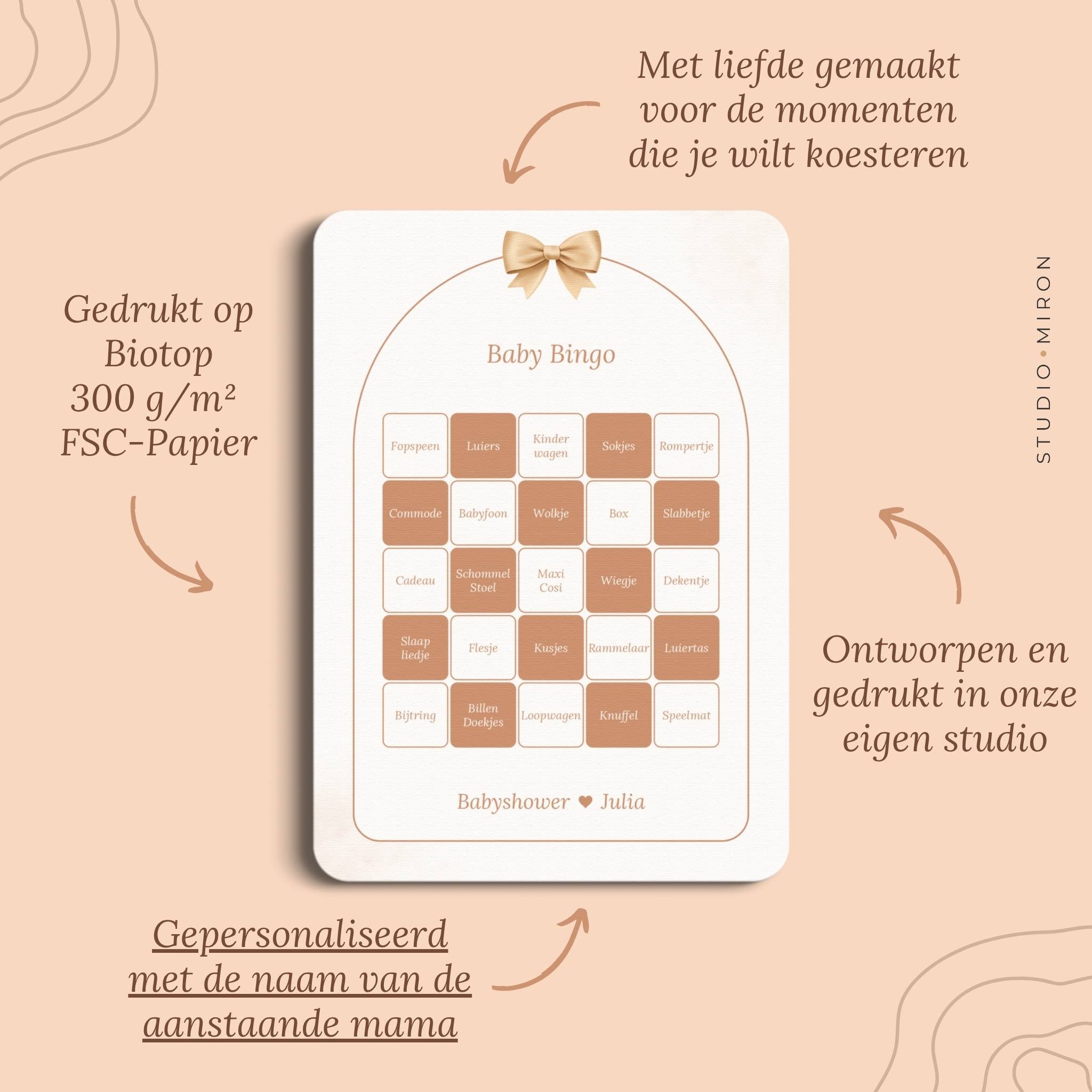 Babyshower spel Baby Bingo in Boho Beige Beertje stijl, pluspunten – Studio Miron