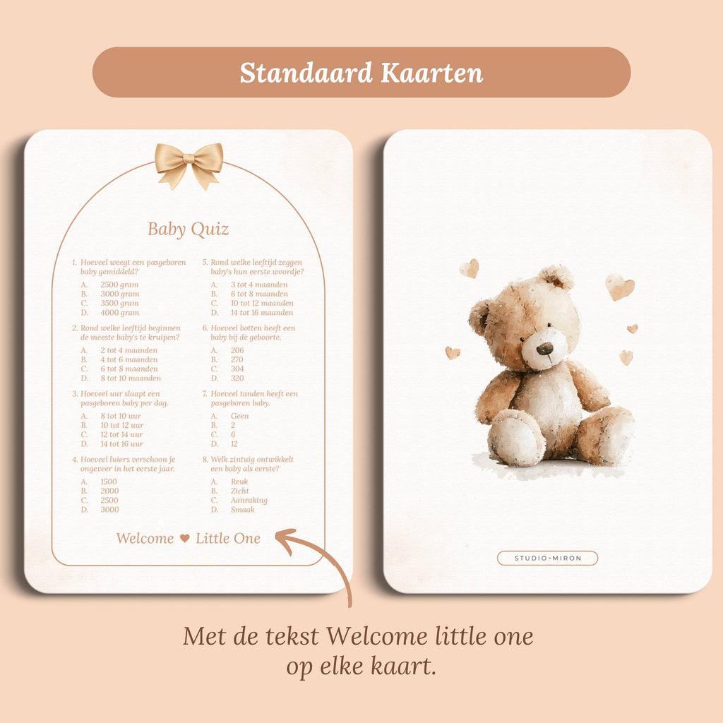 Babyshower spelletjes baby quiz boho beige beertje standaard voor en achter Studio Miron