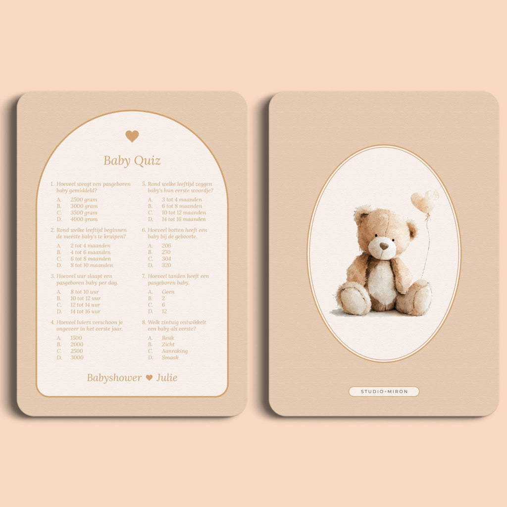 Babyshower spelletjes baby quiz boho zand voor en achter Studio Miron