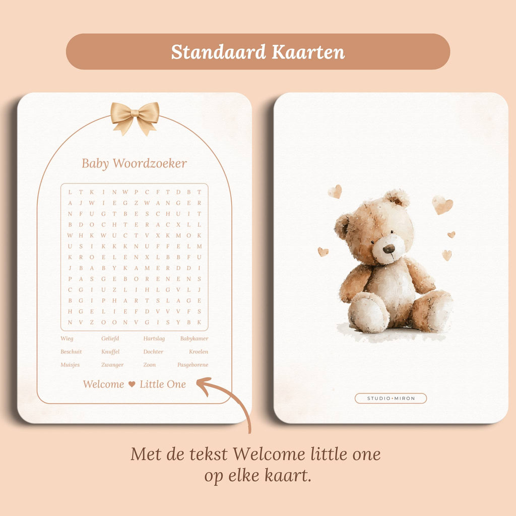 Babyshower spelletjes baby woordzoeker boho beige beertje standaard voor en achter Studio Miron