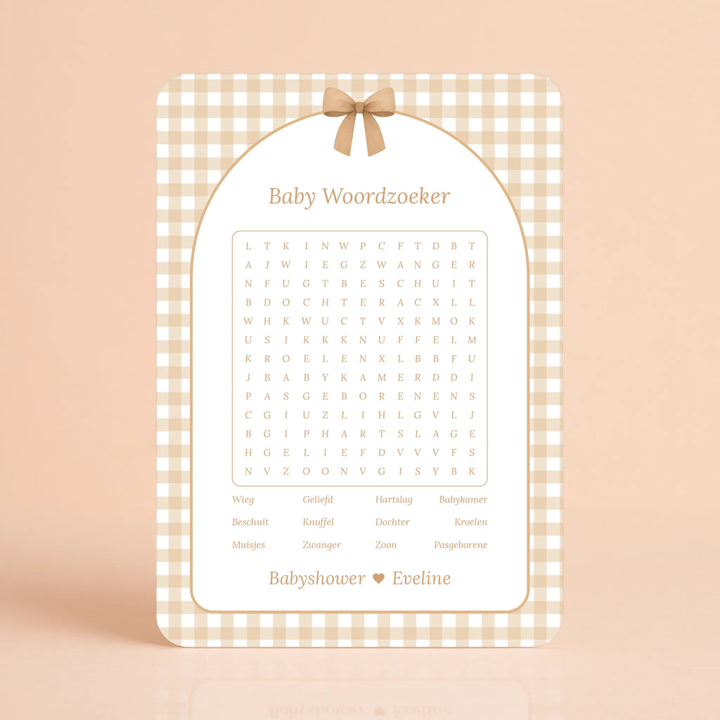 Babyshower spelkaart Baby Woordzoeker in Gingham Bruin stijl, gepersonaliseerd met naam – Studio Miron