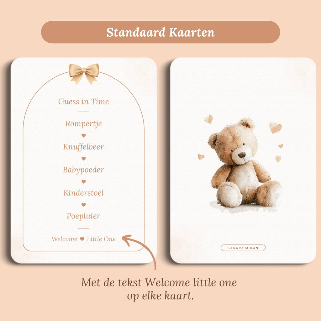 Babyshower spelletjes guess in time boho beige beertje standaard voor en achter Studio Miron