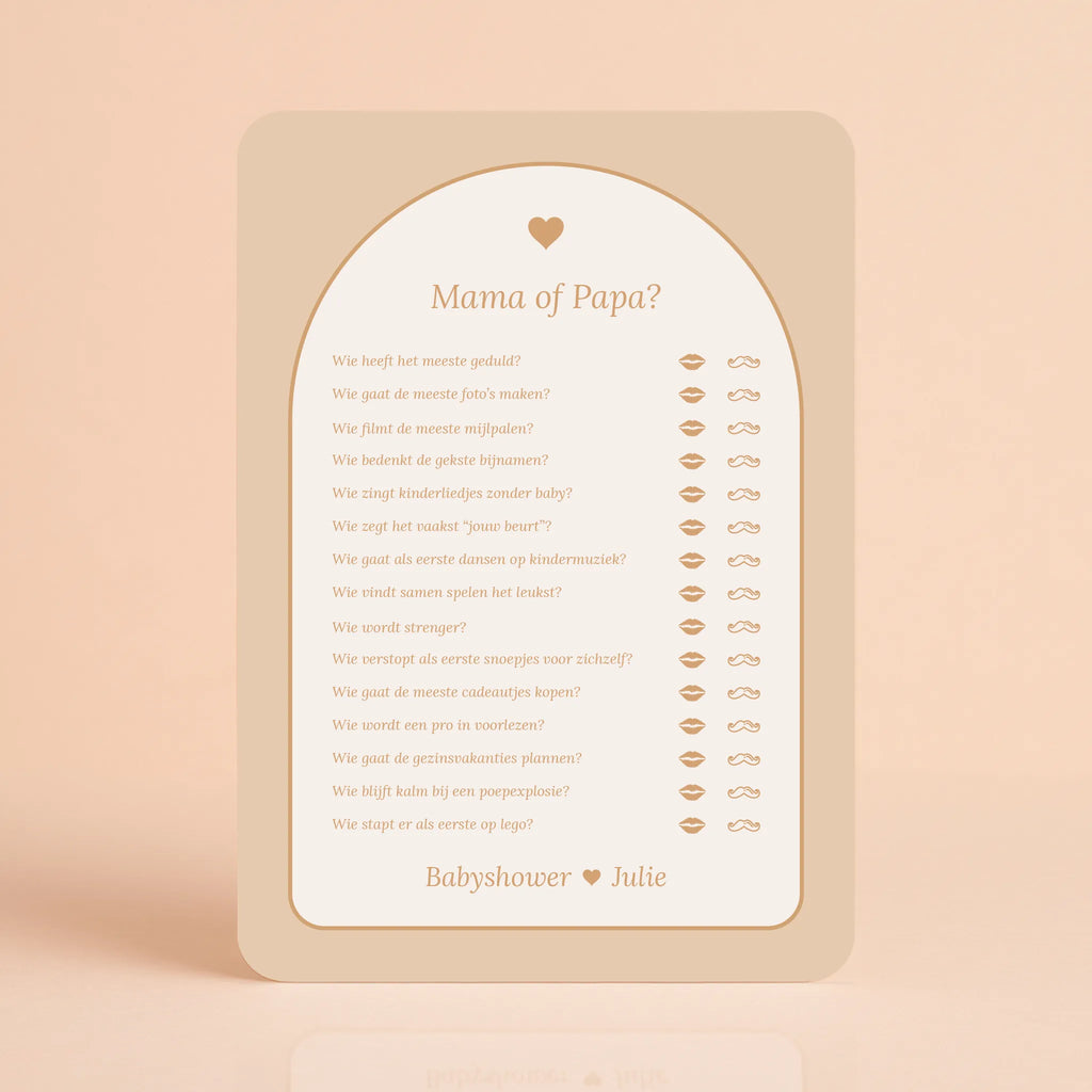 Babyshower spelkaart Mama of Papa in Boho Hartje stijl, gepersonaliseerd met naam – Studio Miron