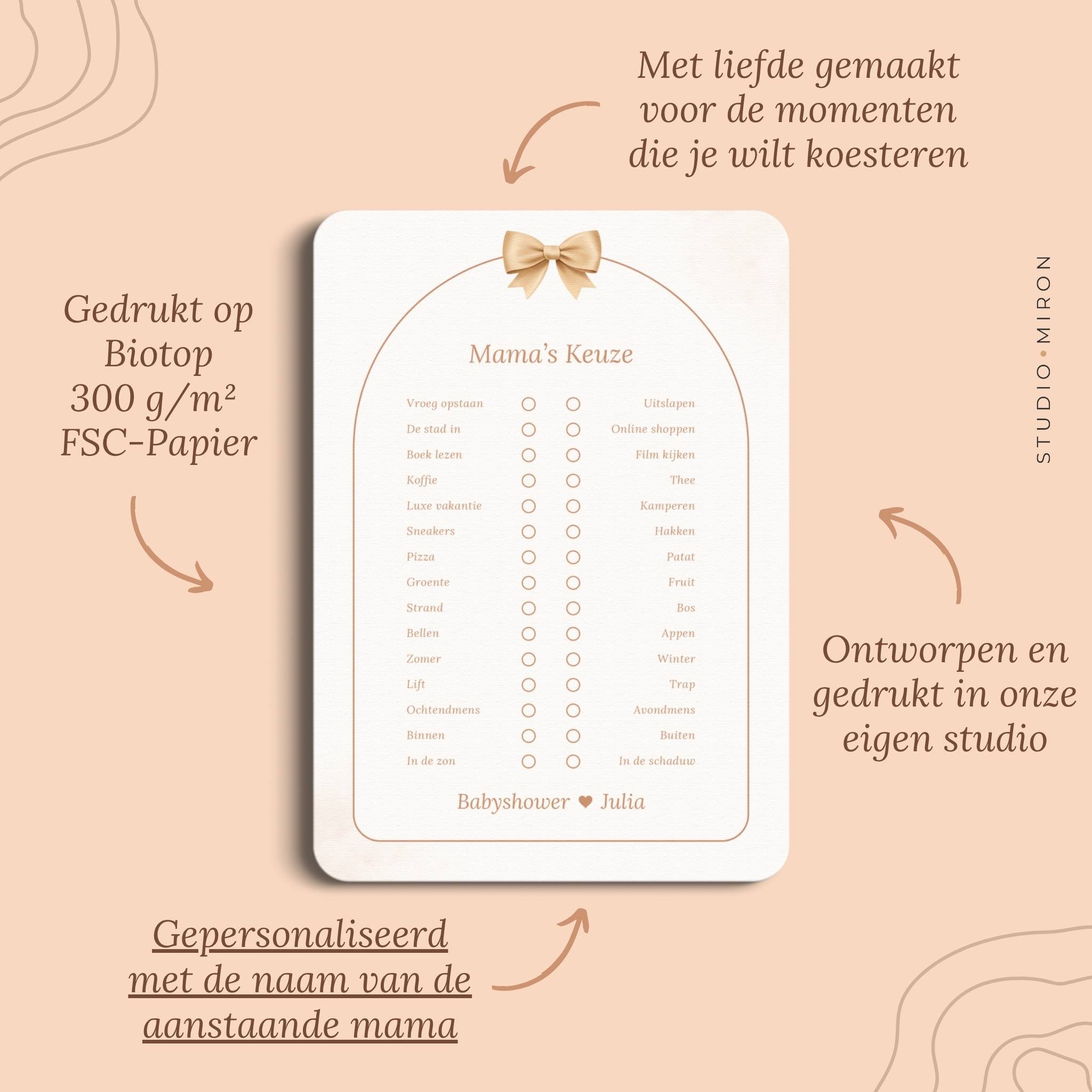 Babyshower spel Mama’s Keuze in Boho Beige Beertje stijl, pluspunten – Studio Miron
