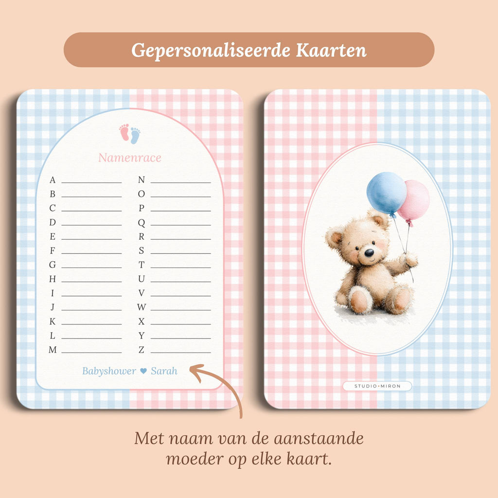 Babyshower spelletjes namenrace gingham roze blauw gepersonaliseerd voor en achter Studio Miron