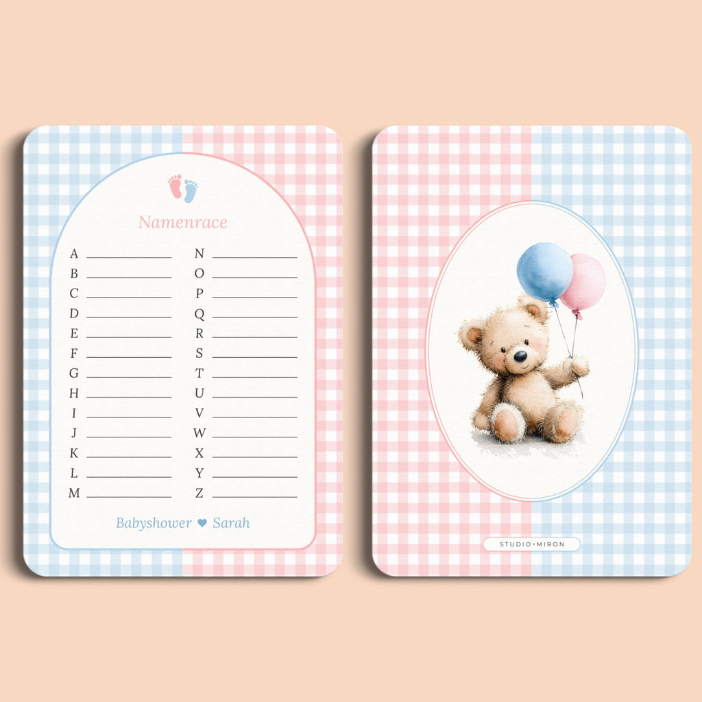 Babyshower spelletjes namenrace gingham roze blauw voor en achter Studio Miron