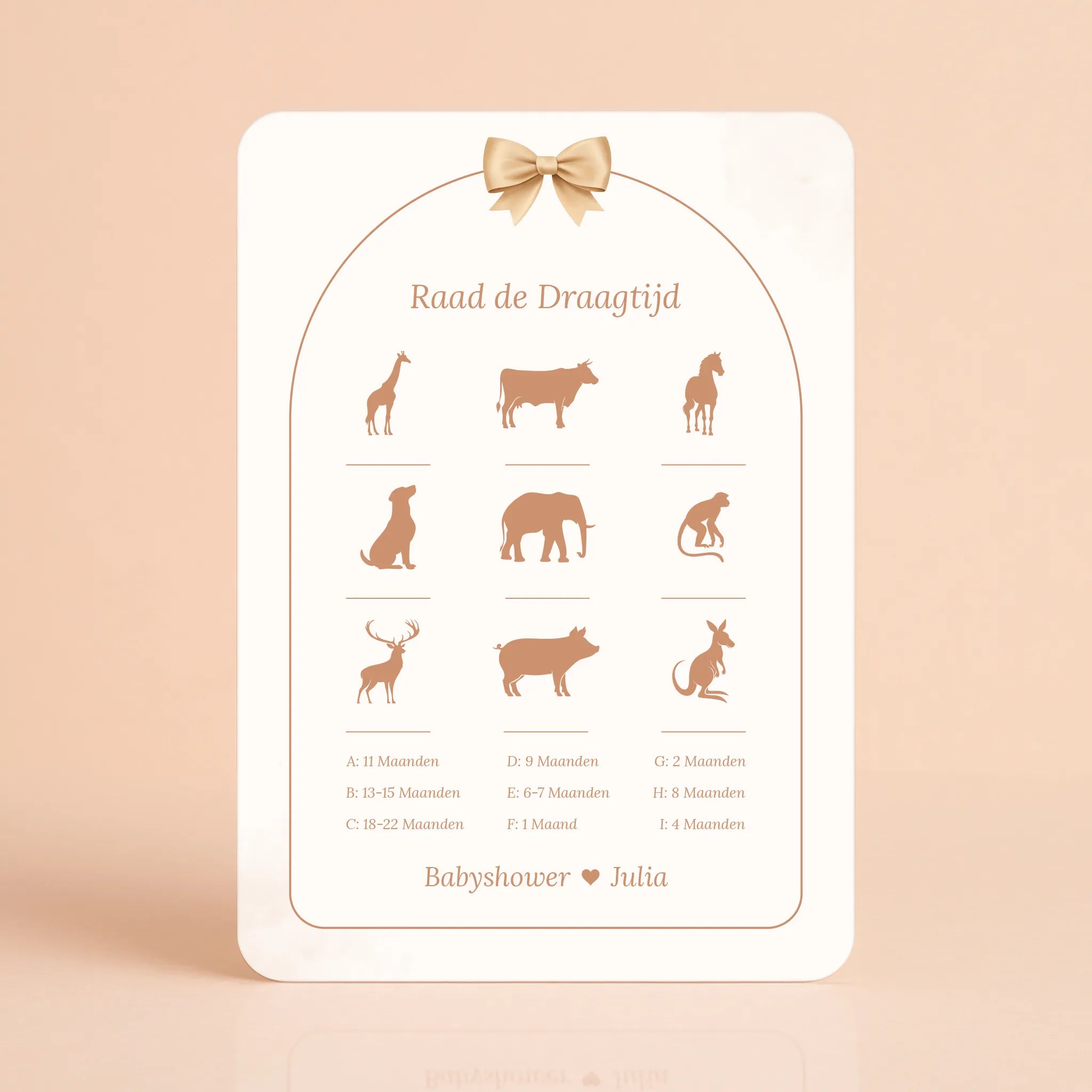 Babyshower spelkaart Raad de Draagtijd in Boho Beige met Beertje stijl, gepersonaliseerd met naam – Studio Miron