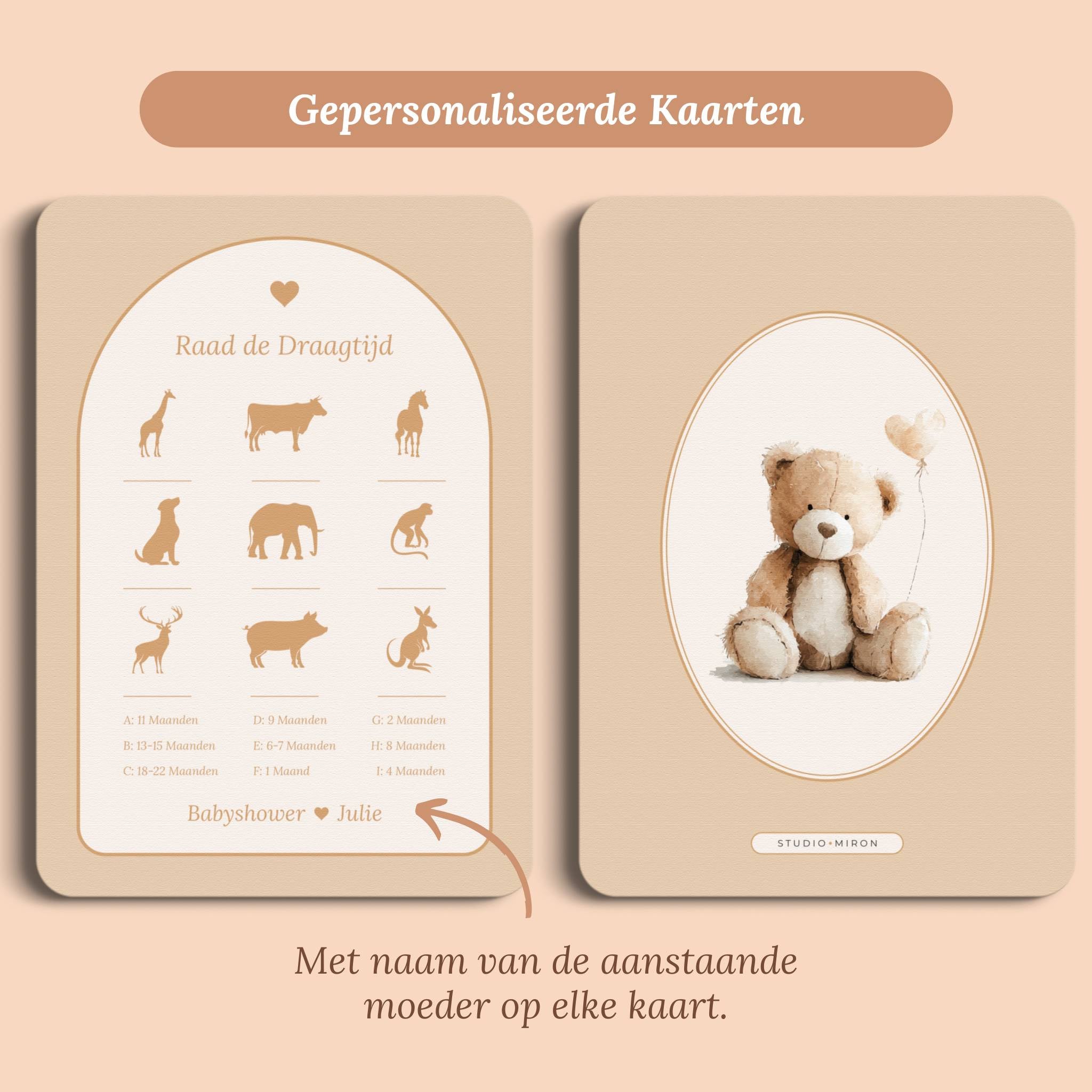 Babyshower spelletjes raad de draagtijd boho zand gepersonaliseerd voor en achter Studio Miron