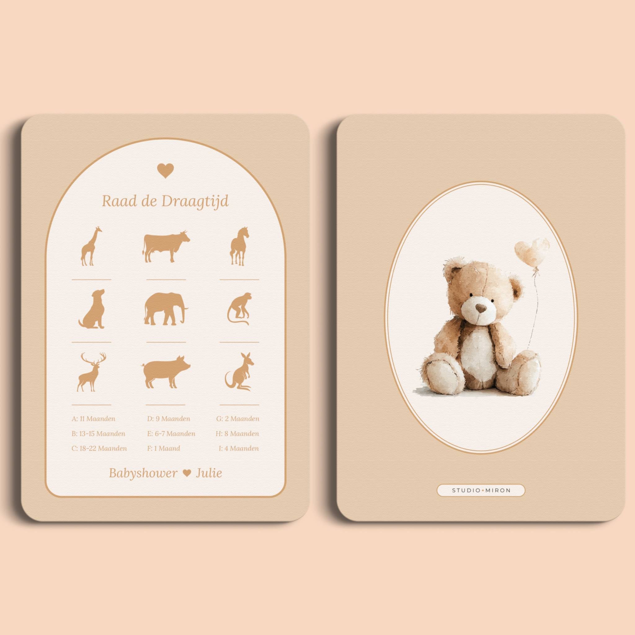 Babyshower spelletjes raad de draagtijd boho zand voor en achter Studio Miron