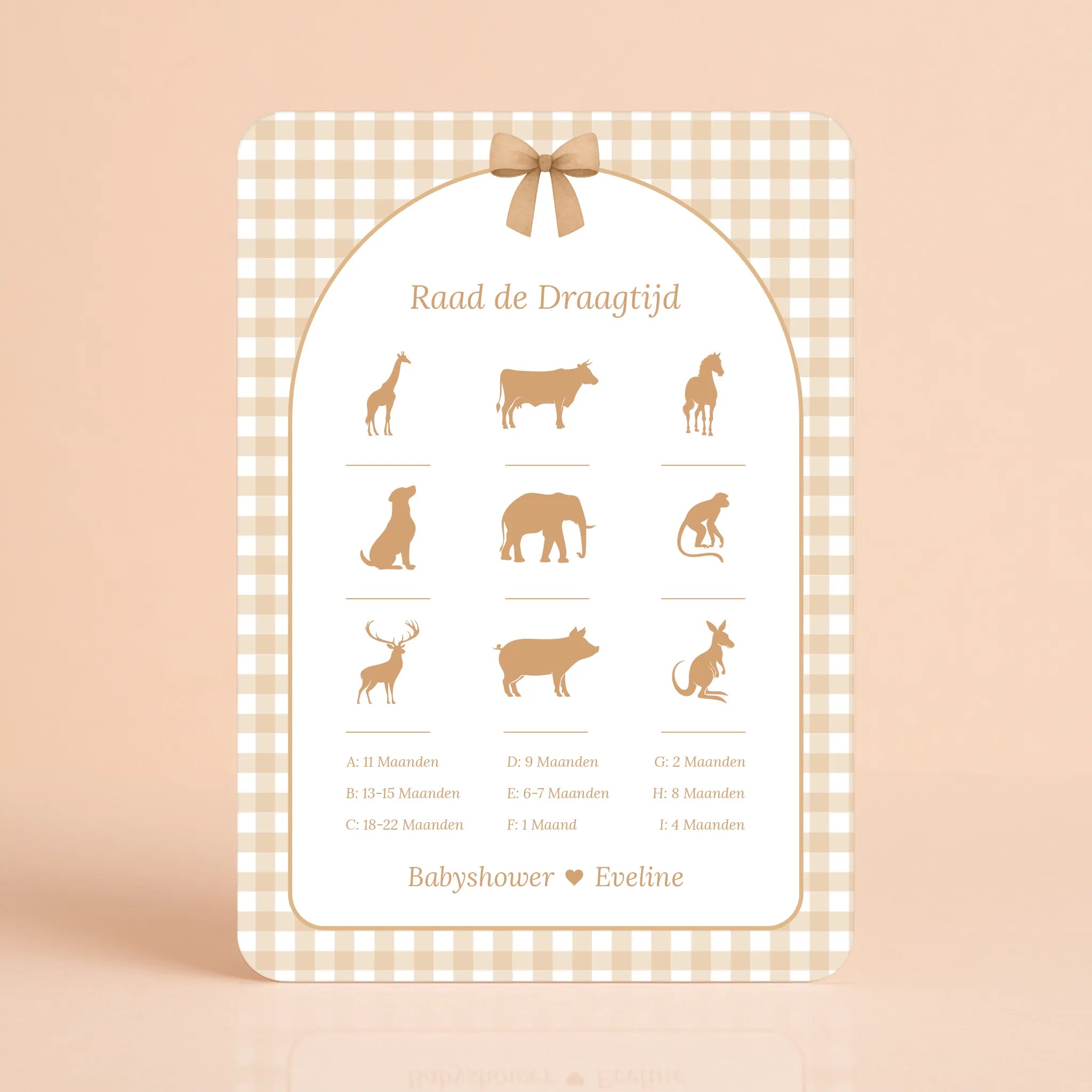 Babyshower spelkaart Raad de Draagtijd in Gingham Bruin stijl, gepersonaliseerd met naam – Studio Miron
