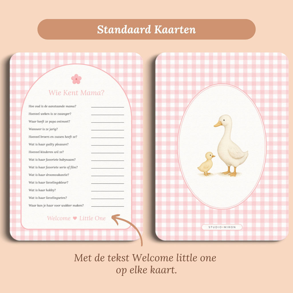 Babyshower spelletjes wie kent mama gingham roze standaard voor en achter Studio Miron