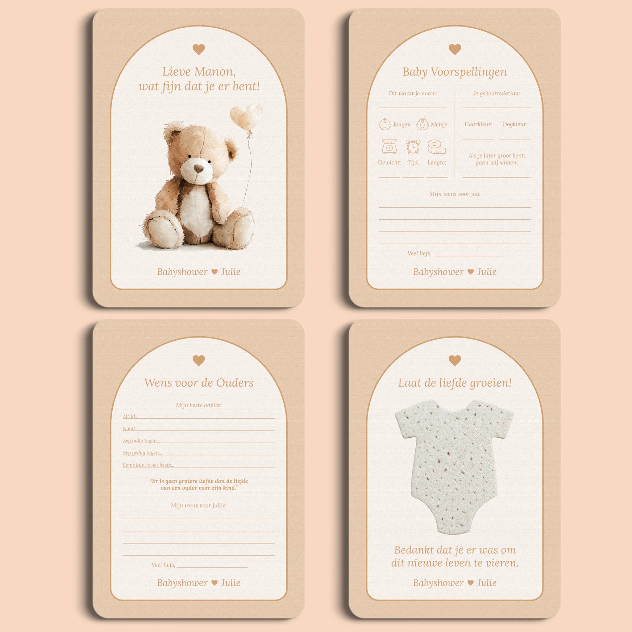 Babyshower Starterspakket in Boho Hart stijl, inclusief invulkaarten, cadeau en welkomstposter gepersonaliseerd met naam – Studio Miron