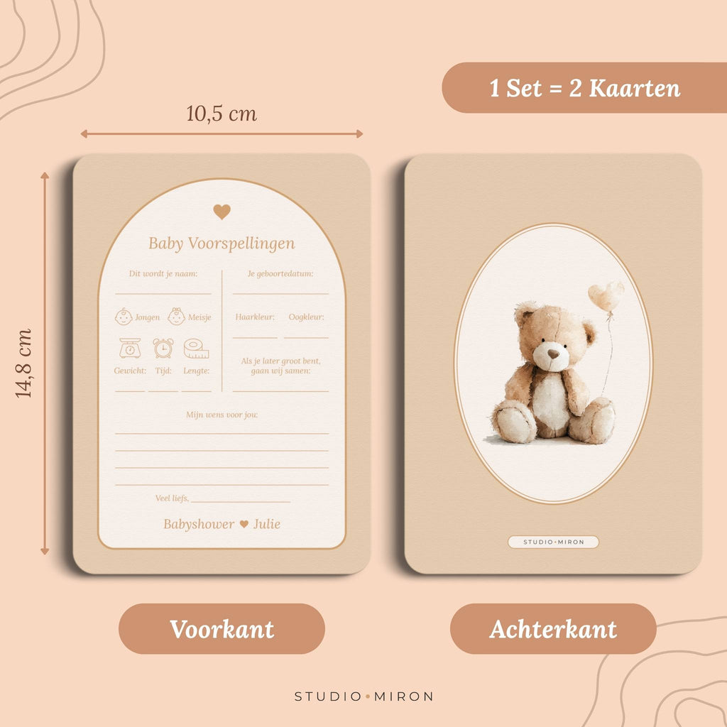 Set 2 kaarten babyshower invulkaarten baby voorspelling formaat voorkant en achterkant boho beige zand Studio Miron