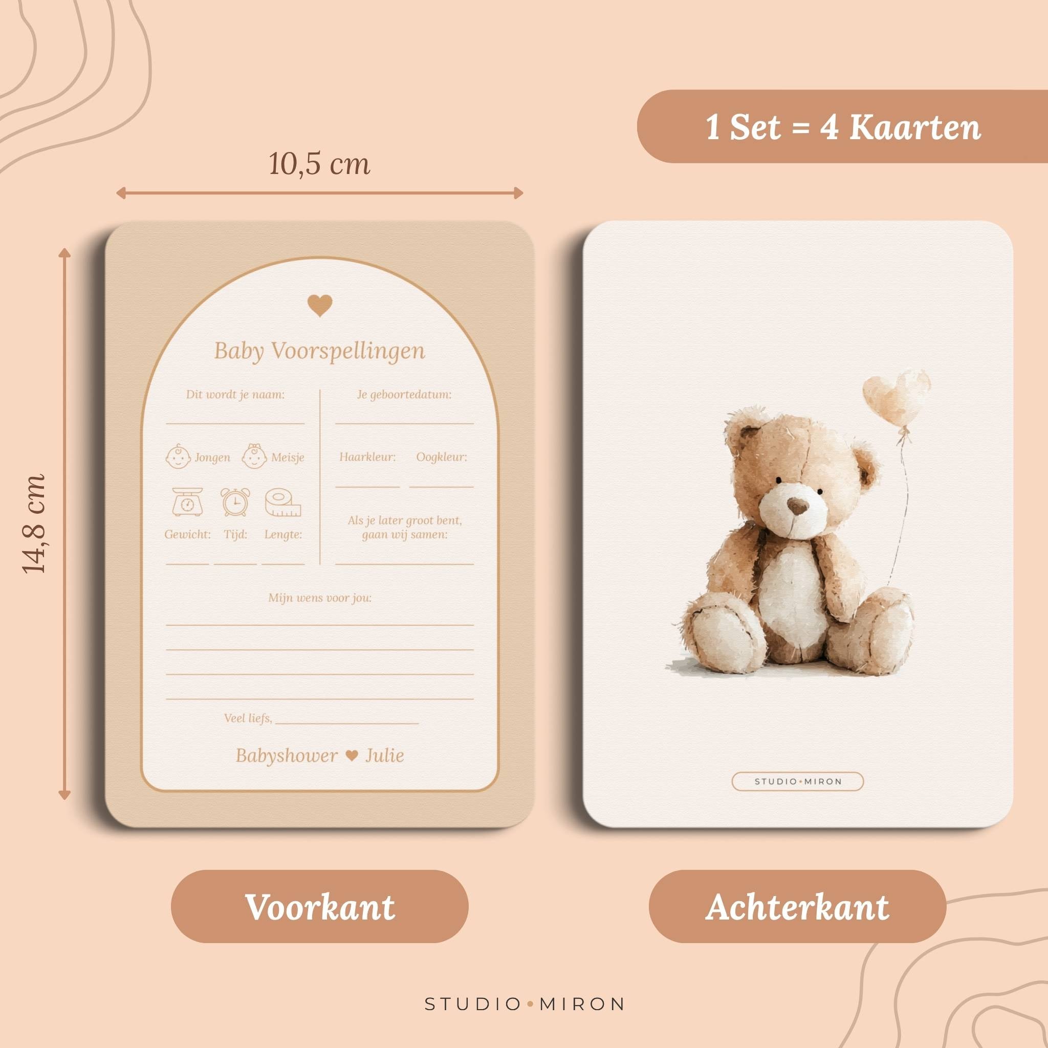 Babyshower invulkaarten Baby Voorspelling set 4 kaarten in Boho Beige Zand stijl, formaat voorkant en achterkant – Studio Miron