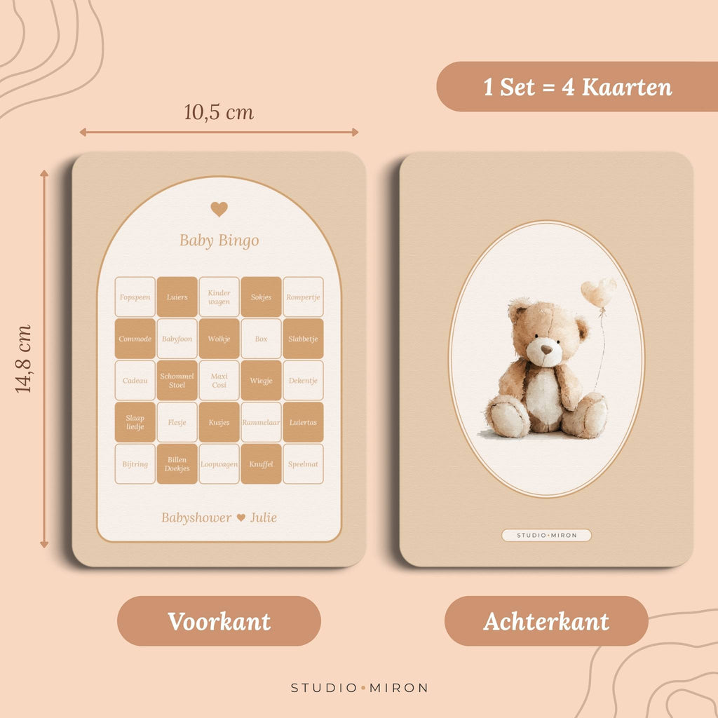 Set 4 kaarten babyshower spelletjes baby bingo formaat voorkant en achterkant boho beige zand Studio Miron